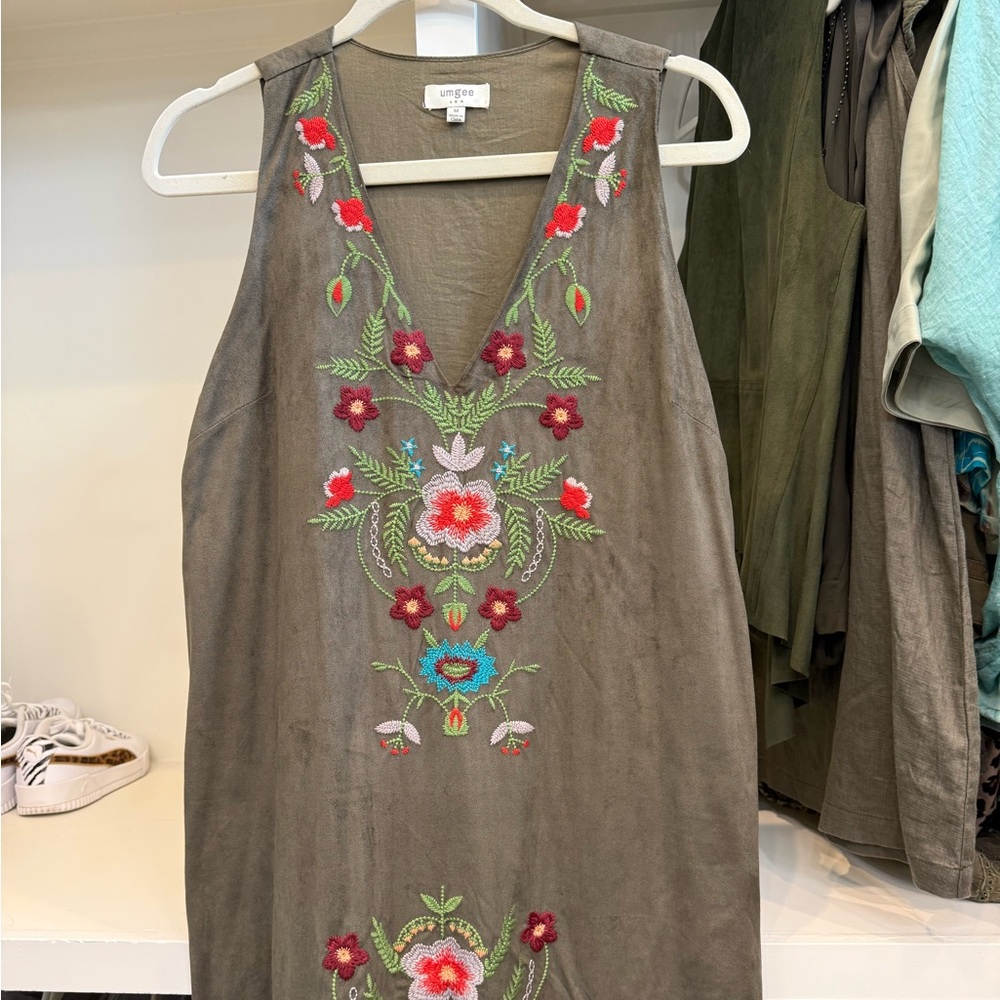 Umgee Olive Midi Dress with Floral Embroidery